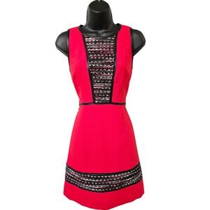 Milly Red‎ Tweed & Lambskin Leather Trim Sleeveless Mini Shift Dress Size 6